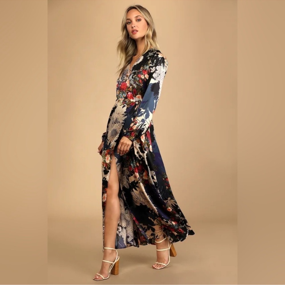 Lulu's Put on a Smile Blue Floral Print Satin Wrap Maxi Dress